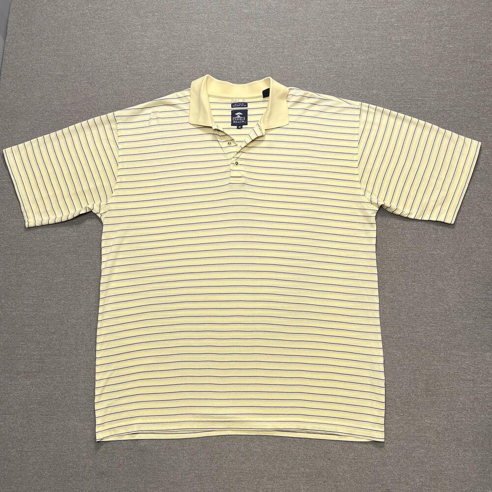 VINTAGE Pebble Beach Polo Shirt Mens Medium Yellow Blue Mercerized Cotton Golf